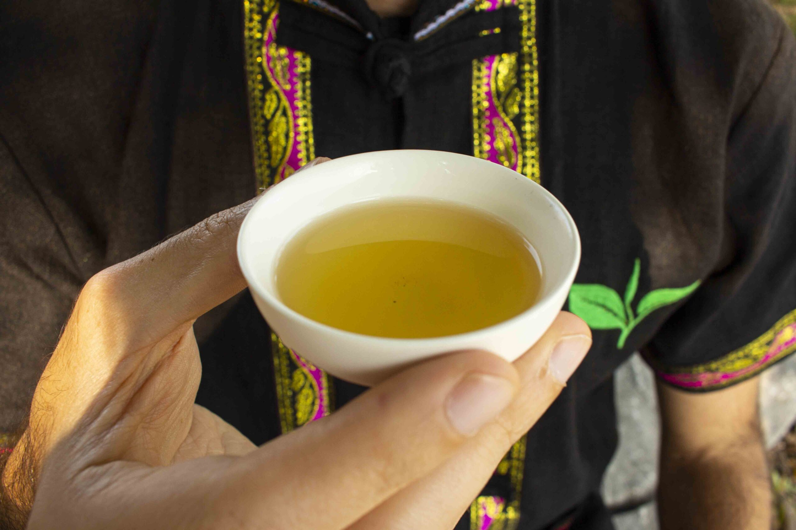 Drinking raw puerh tea with Blang minority shirt