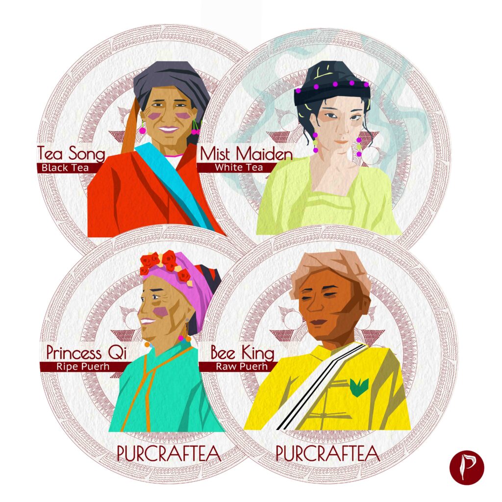 Jingmai Tea Sample Gift Set Box. Four tea character illustrations displayed. From upper left to lower right: Black Tea, White Tea, Ripe Puerh, and Raw Puerh
