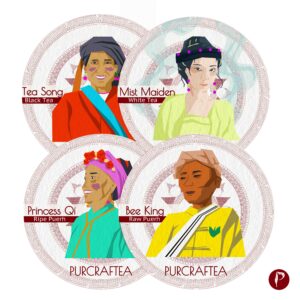 Jingmai Tea Sample Gift Set Box. Four tea character illustrations displayed. From upper left to lower right: Black Tea, White Tea, Ripe Puerh, and Raw Puerh